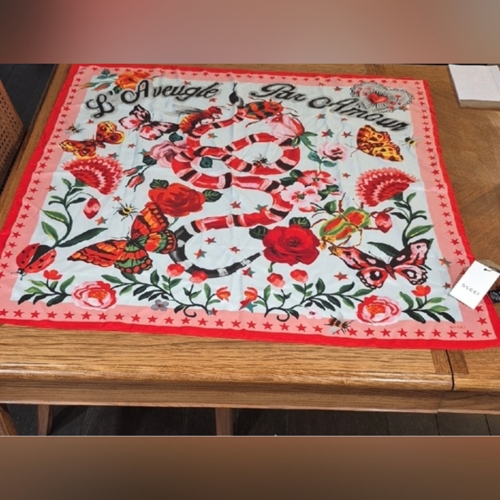 Gucci Red and Pink Floral Butterfly Scarf